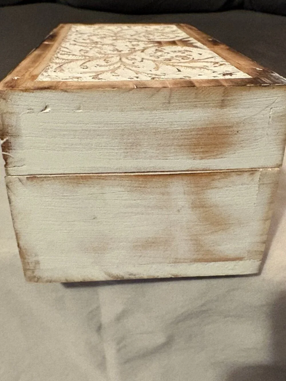 Carved Mango Wooden Box-Rustic Farmhouse w/ Hinged Lid-Whitewashed-8